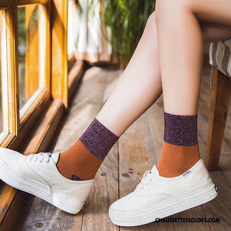 Chaussettes Mi Hautes Femme Style Nouvelles Arrivées Milieu Dame Rétro Tendance Couleurs Mixtes Jaune Or
