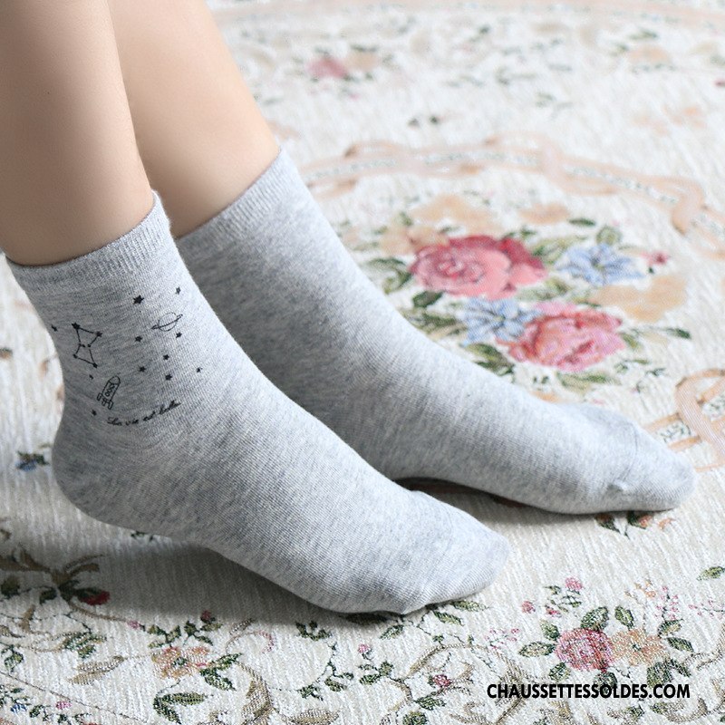 Chaussettes Mi Hautes Femme Technologie Le Nouveau Mouvement Dessin Animé Printemps Dame Impression Gris