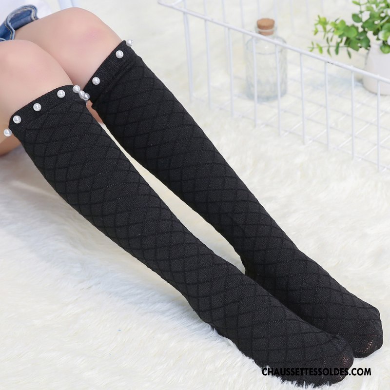 Chaussettes Mi Hautes Fille 100% Coton Enfant Femme Perle Engrener Chaussettes En Coton Noir