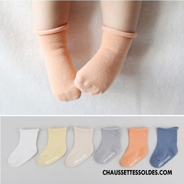 Chaussettes Mi Hautes Fille Antidérapant Enfant Printemps L'automne Ourlet Plaine Pure Orange