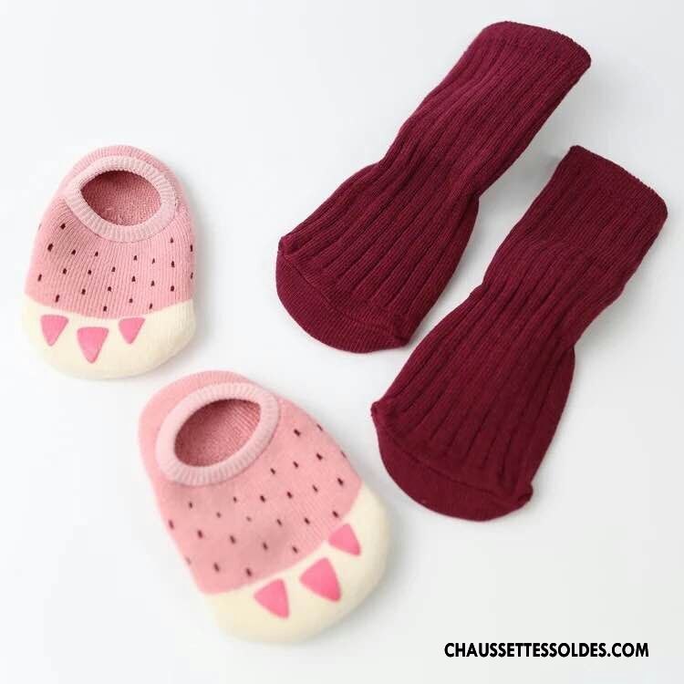 Chaussettes Mi Hautes Fille Bébé Hiver Le Nouveau Deux Morceaux Antidérapant 100% Coton Rose