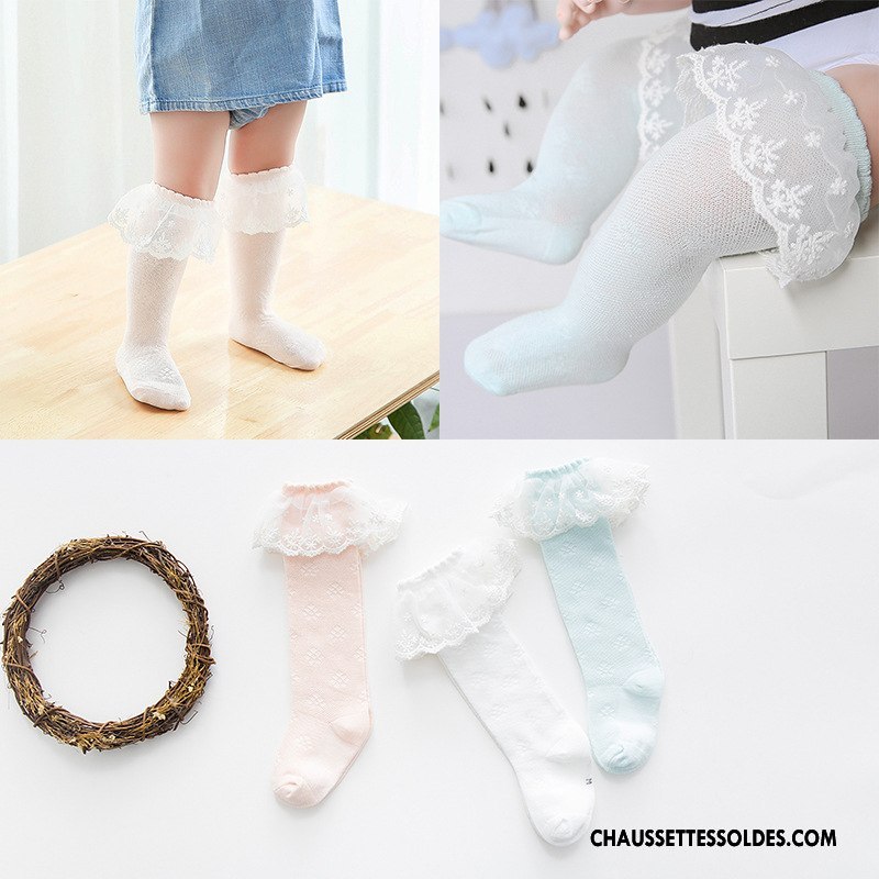 Chaussettes Mi Hautes Fille Dentelle Enfant Printemps Été Bébé Bleu Clair Pure