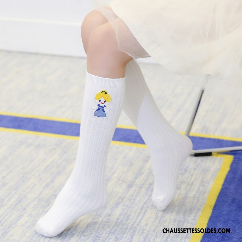 Chaussettes Mi Hautes Fille Le Nouveau Long Stock Princesse Matelassé 100% Coton Brodé Bleu Blanc