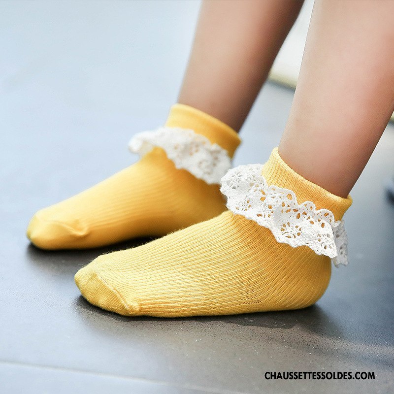 Chaussettes Mi Hautes Fille Le Nouveau Été Dentelle Enfant 100% Coton Matelassé Jaune
