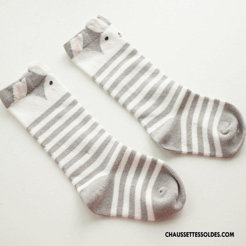 Chaussettes Mi Hautes Fille Printemps Charmant Bébé Rayé Homme Femme Gris