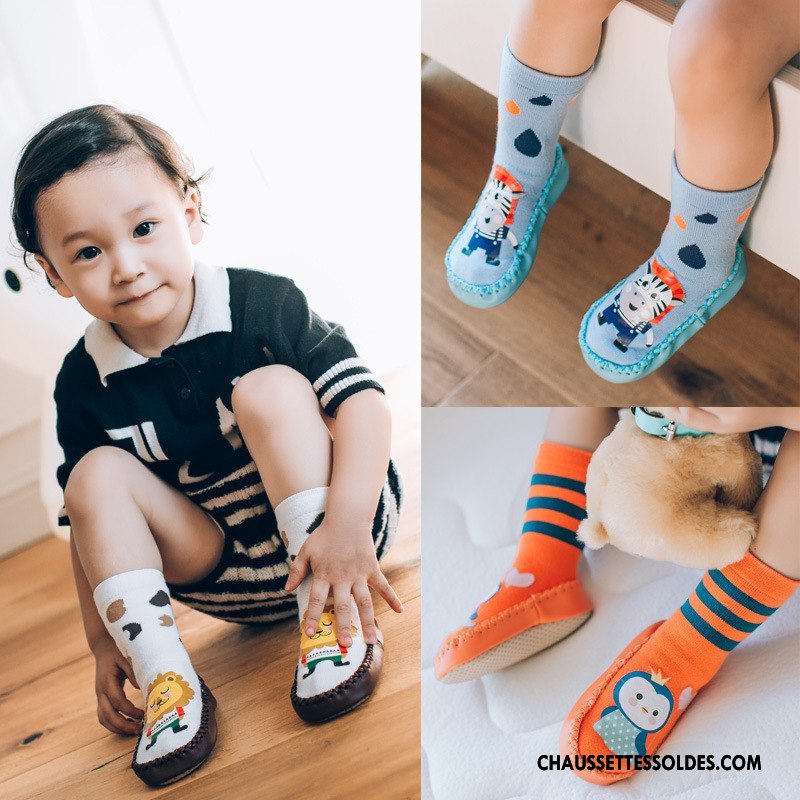 Chaussettes Mi Hautes Garçon Bébé Semelle Doux L'automne Renforcé Cuir Hiver Impression Bleu