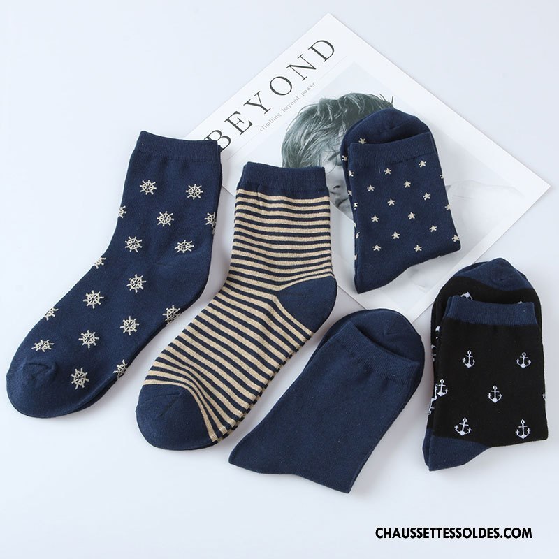 Chaussettes Mi Hautes Homme Absorber La Sueur Marine Respirant Coton Bio L'automne Chaussettes En Coton Bleu