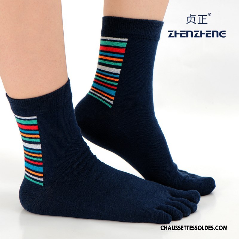 Chaussettes Mi Hautes Homme Anti-odeur Printemps Cinq Doigts Milieu Été Chaussettes En Coton Bleu
