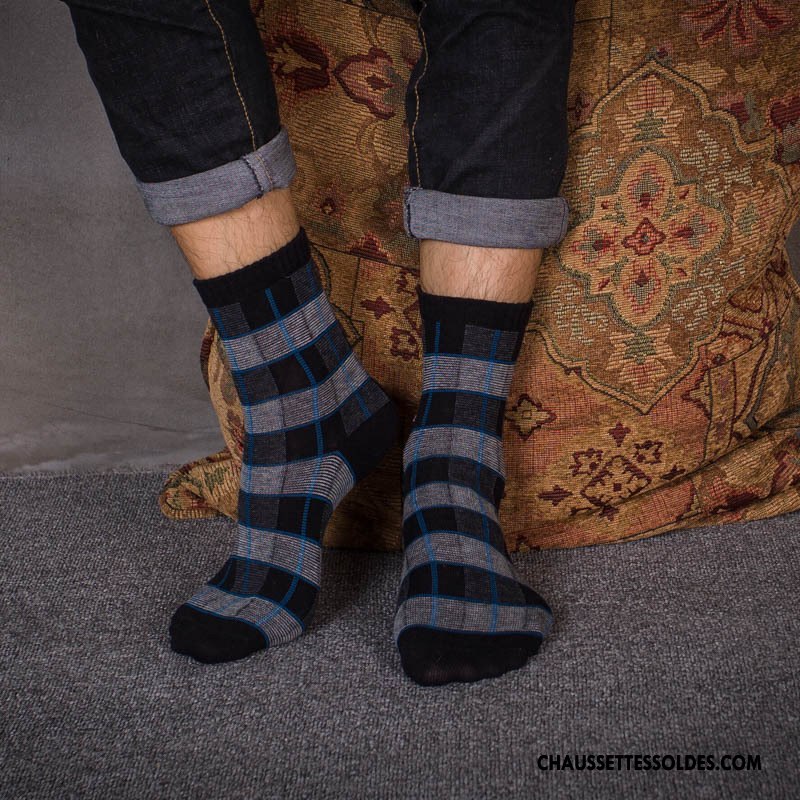 Chaussettes Mi Hautes Homme Carreaux L'automne Tendance 100% Coton Hiver Milieu Noir