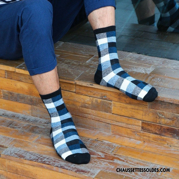 Chaussettes Mi Hautes Homme Carreaux Le Nouveau 100% Coton Hiver Renforcé Camouflage Coloré Bleu