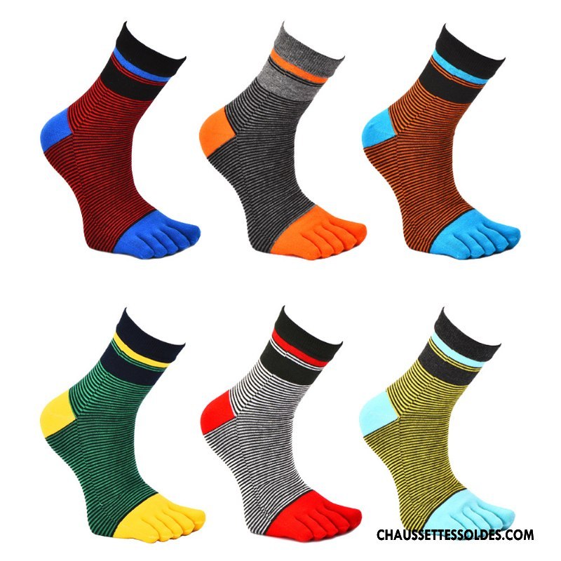 Chaussettes Mi Hautes Homme Chaussettes En Coton Cinq Doigts Milieu Mouvement Respirant Rayé Coloré