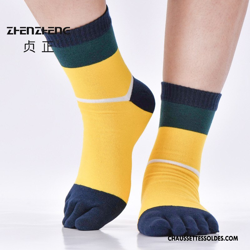 Chaussettes Mi Hautes Homme Chaussettes En Coton Cinq Doigts Rayé Absorber La Sueur Mouvement Anti-odeur Jaune