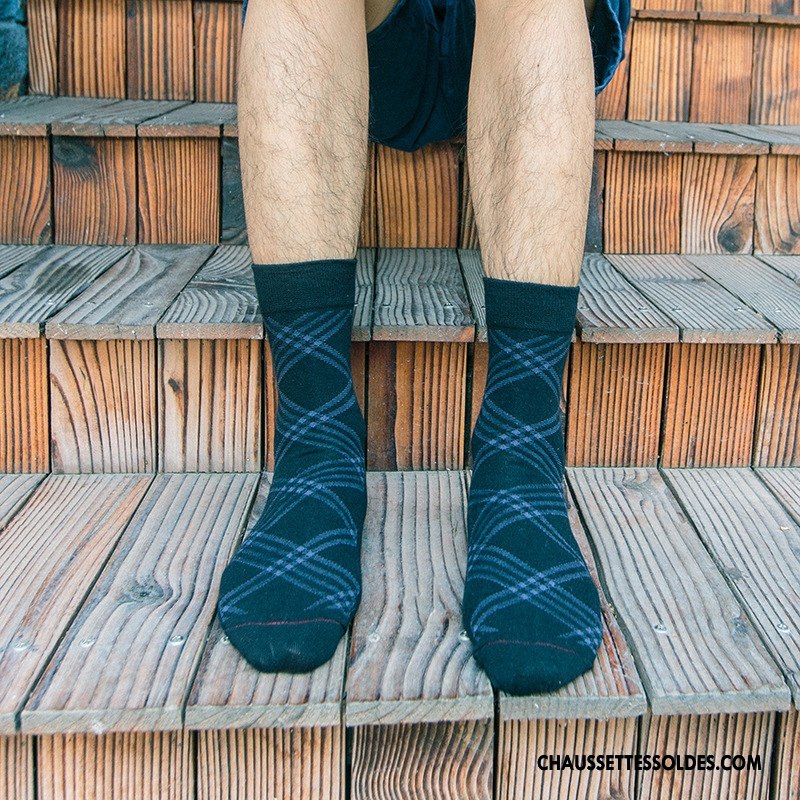 Chaussettes Mi Hautes Homme De Travail Chaussettes En Coton Milieu Gros Rhombe Gentilhomme Bleu