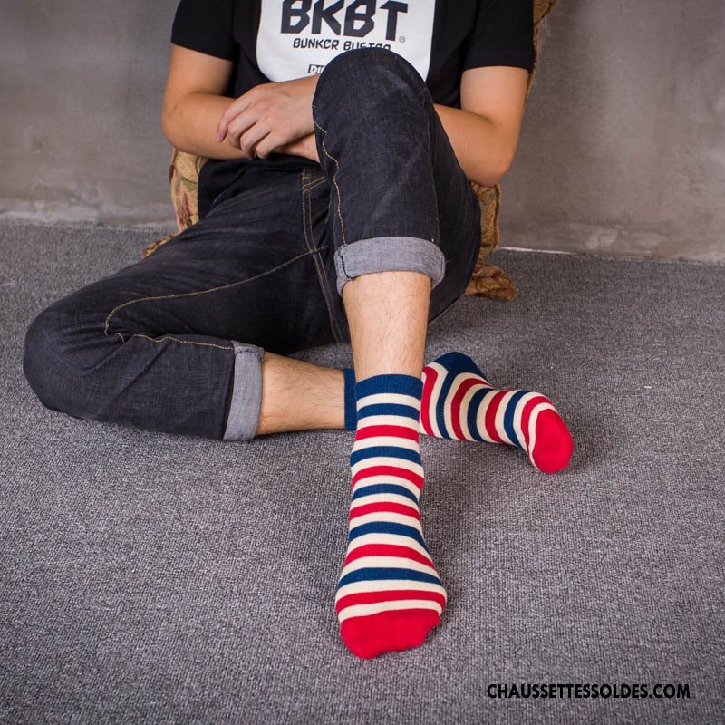 Chaussettes Mi Hautes Homme Irrégulier 100% Coton Longue Le Nouveau Fleurs Rayé Rouge