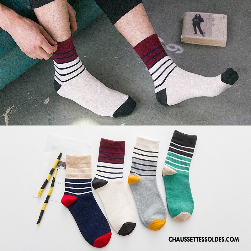 Chaussettes Mi Hautes Homme L'automne Beige Milieu Chaussettes En Coton Nouvelles Arrivées Rayé Blanc