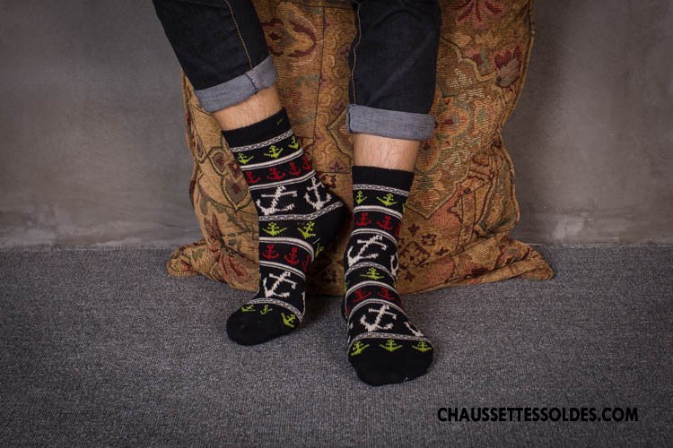 Chaussettes Mi Hautes Homme L'automne Hiver Tendance Nation Rétro 100% Coton Noir