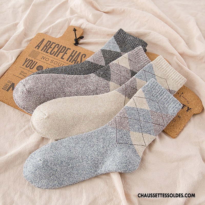Chaussettes Mi Hautes Homme L'automne Renforcé Rhombe Chaussettes En Coton Hiver Milieu Gris
