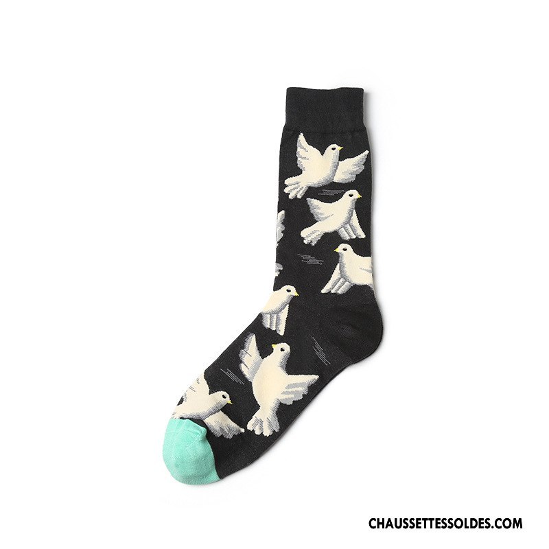 Chaussettes Mi Hautes Homme Long Stock Europe Nouvelles Arrivées Oiseau Chaussettes En Coton Fleurs Couleur De Contraste Noir
