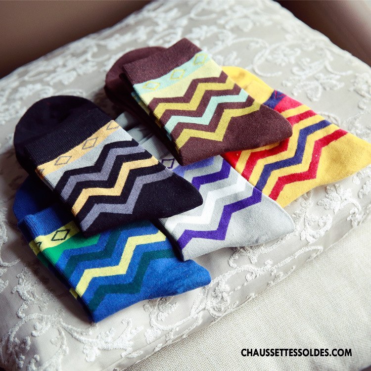 Chaussettes Mi Hautes Homme Milieu Casual Rayé Anti-odeur Mode Coton Jaune