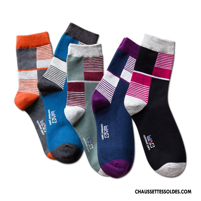 Chaussettes Mi Hautes Homme Milieu Matelassé Le Nouveau Rayé Hiver De Travail Bleu Marin