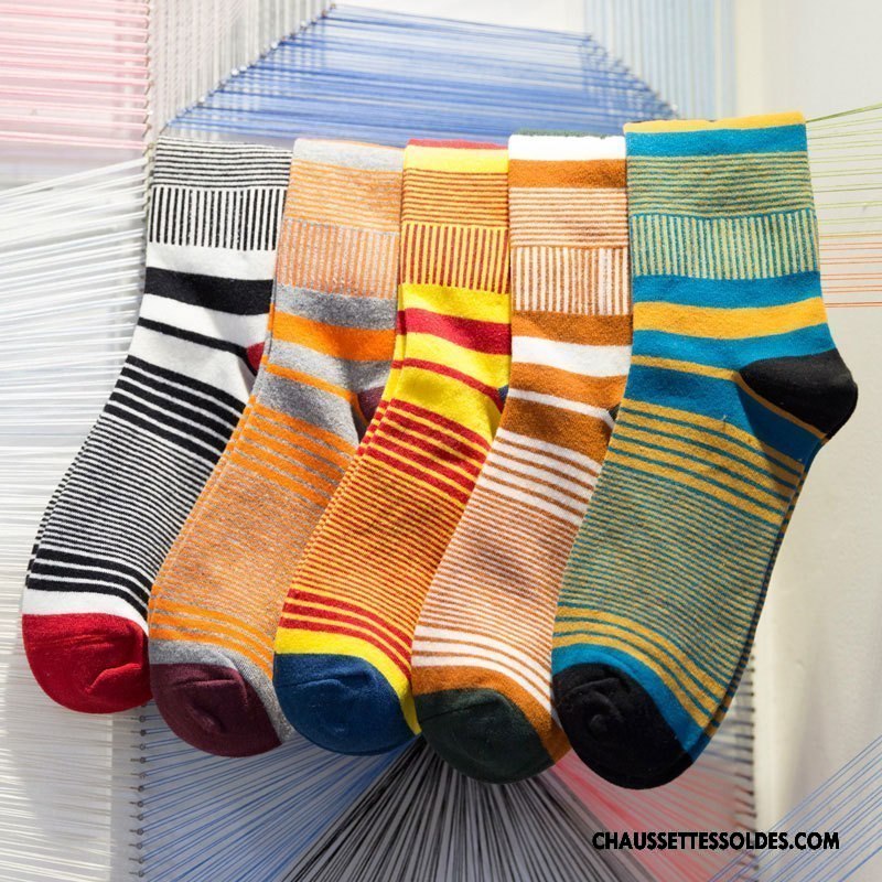 Chaussettes Mi Hautes Homme Milieu Rétro Chaussettes En Coton Manuel Respirant Le Nouveau Couleur De Contraste Bleu