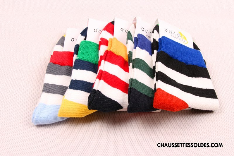 Chaussettes Mi Hautes Homme Milieu Été Printemps Rayé Coton Bio Tendance Coloré