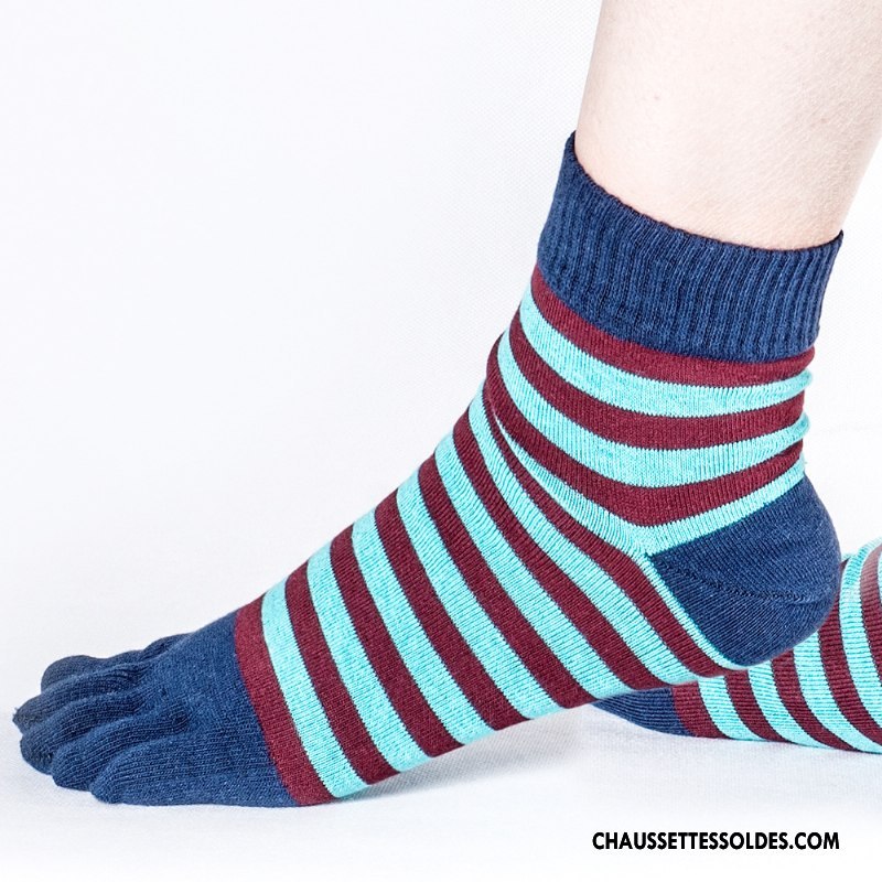 Chaussettes Mi Hautes Homme Mouvement Anti-odeur Rayé Absorber La Sueur Chaussettes En Coton Cinq Doigts Bleu
