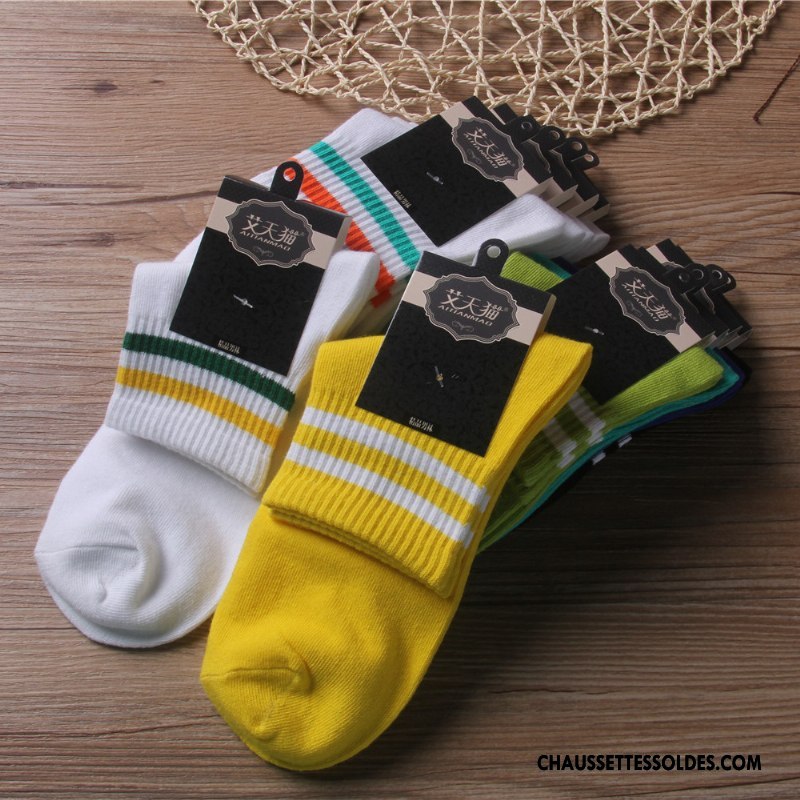 Chaussettes Mi Hautes Homme Rayé Milieu Mouvement Chaussettes En Coton Jaune