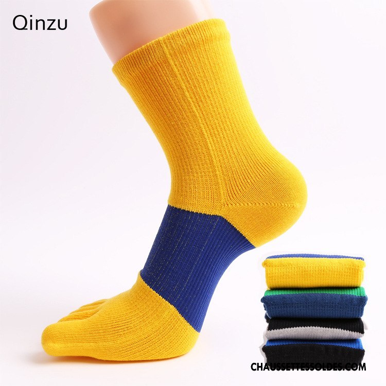 Chaussettes Mi Hautes Homme Respirant Mouvement Longue Chaussettes En Coton Cinq Doigts Matelassé Blanc Jaune