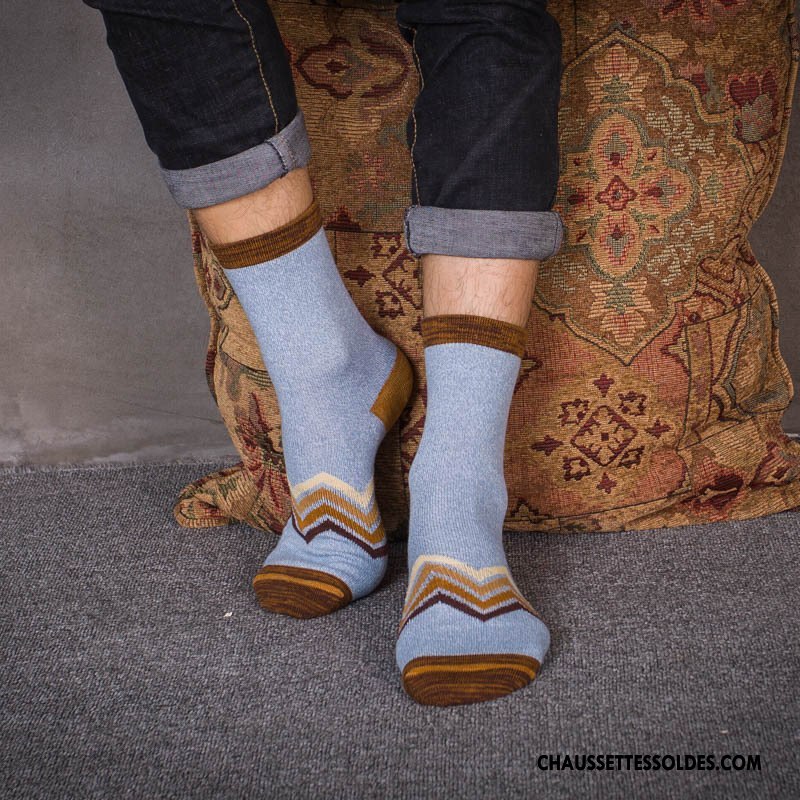 Chaussettes Mi Hautes Homme Rétro Renforcé 100% Coton Style National Tendance Manuel Bleu Clair