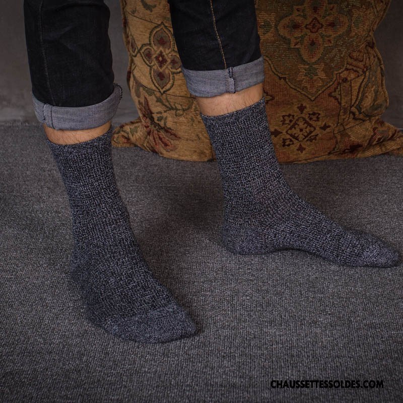 Chaussettes Mi Hautes Homme Style National Tendance 100% Coton Rétro Matelassé Gris Foncé