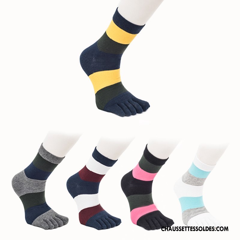 Chaussettes Mi Hautes Homme Toutes Les Saisons Anti-odeur Milieu Cinq Doigts Absorber La Sueur Chaussettes En Coton Couleurs Mixtes Bleu
