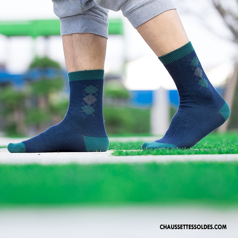 Chaussettes Mi Hautes Homme À La Mode Rétro Été 100% Coton Style National Mince Bleu