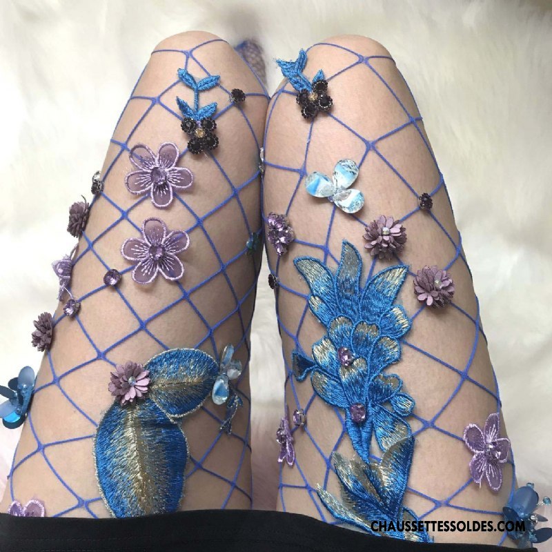Collant Femme Europe Milieu Petit Réseau Style Chaud Sexy Bleu