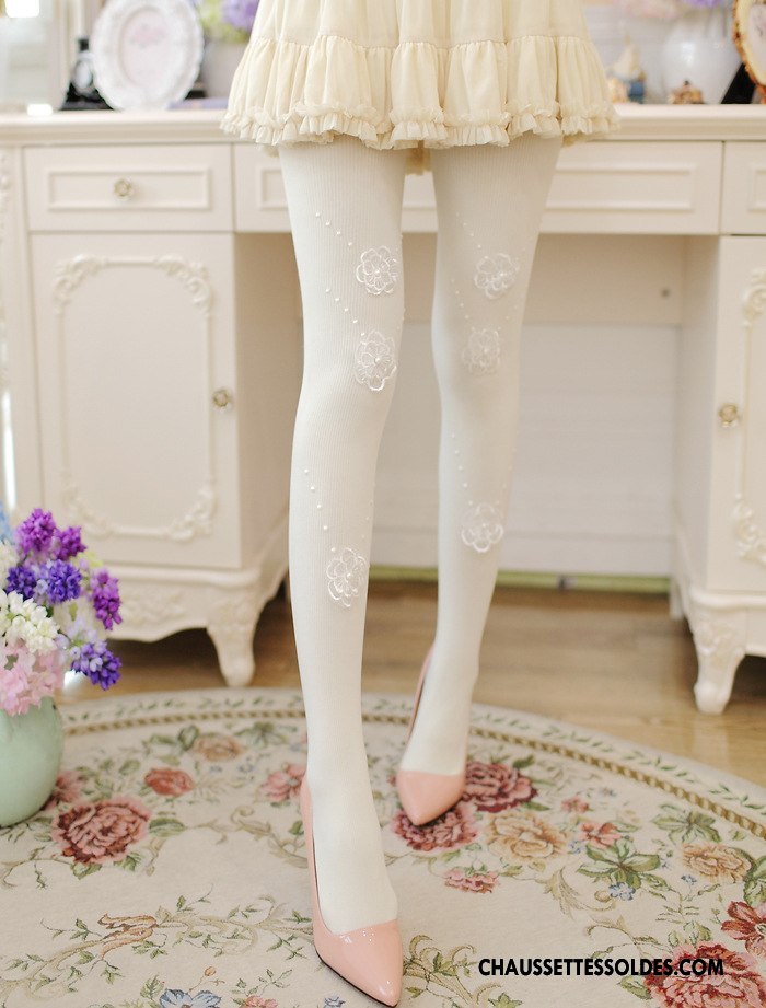 Collant Femme Manuel Dentelle Chaussette Fleurs Brodé Perle Blanc