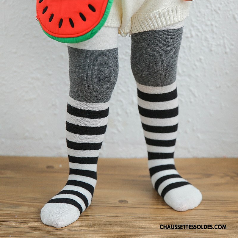 Collant Fille Printemps 100% Coton Antidérapant Enfant Rayé Collant Panty Couleurs Mixtes Gris
