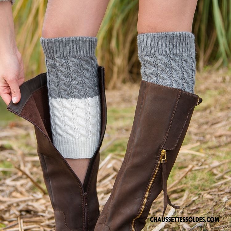 Guêtres Femme En Maille Bicolore Fleurs Chaussette De Laine Couleurs Mixtes Couleur De Contraste Gris